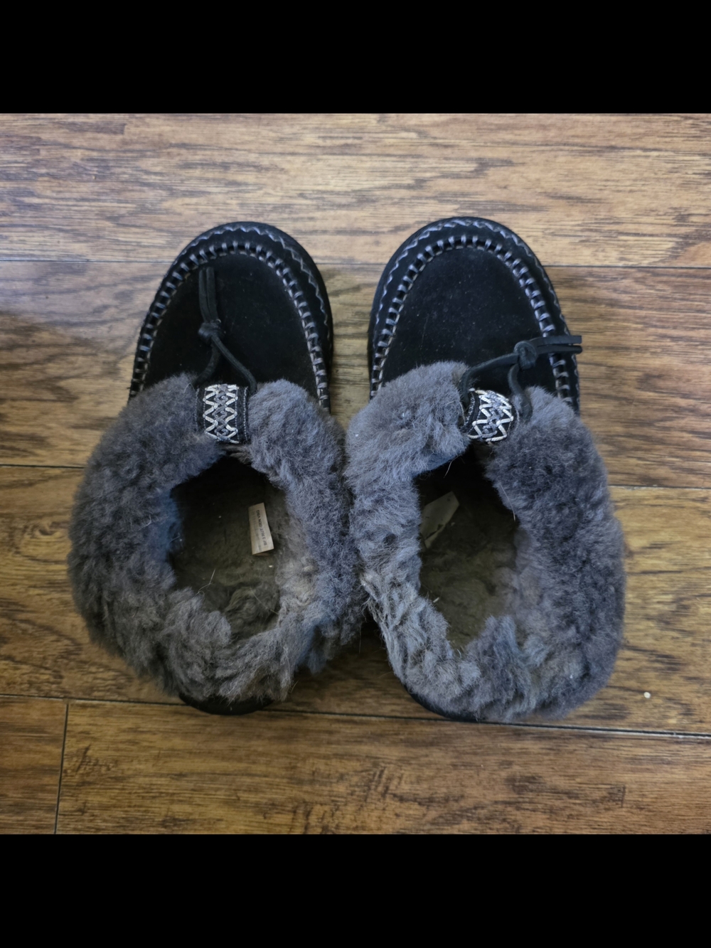 UGG Black Suede Moccasin Slippers with Gray Shearling Cuff - Picture 10 of 11